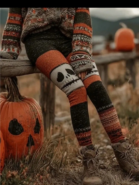 The Unbranded Brand Pants - Women's Orange & Black Skull Knit Leggings